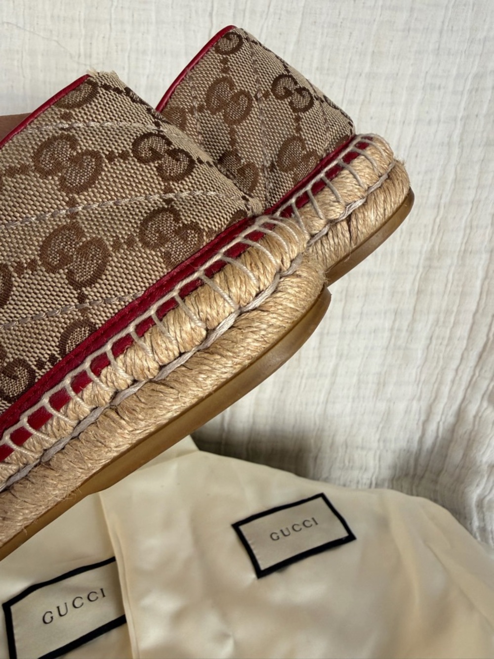 Gucci GG Canvas Espadrille Loafers with Red Trim and Gold Hardware - Picture 11 of 13
